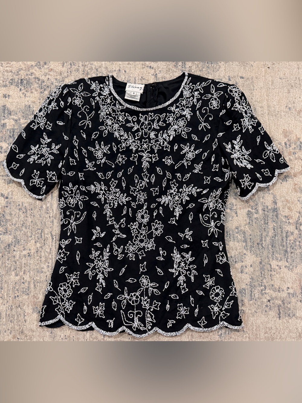 Vintage Stenay Black Beaded Floral Top with Scalloped Edges